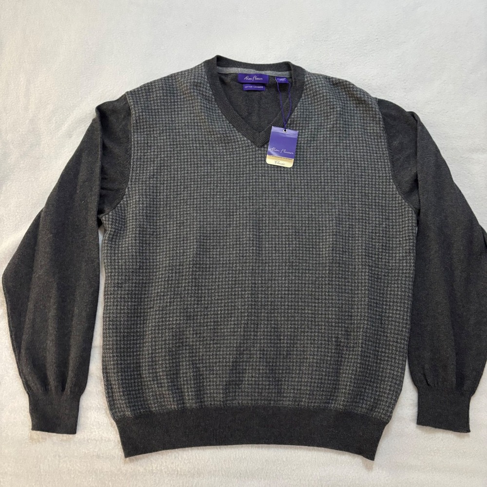 Alan Flusser Classic Cotton Cashmere V-Neck Sweater Grey Houndstooth Mens Large